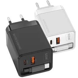 Mars Gaming MD-GAN65R Cargador de Pared GaN 65W con Cable USB-C Retráctil Negro